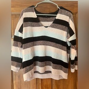Express Women’s Sweater Small Stripe V-Neck Pullover Velour Feel Short